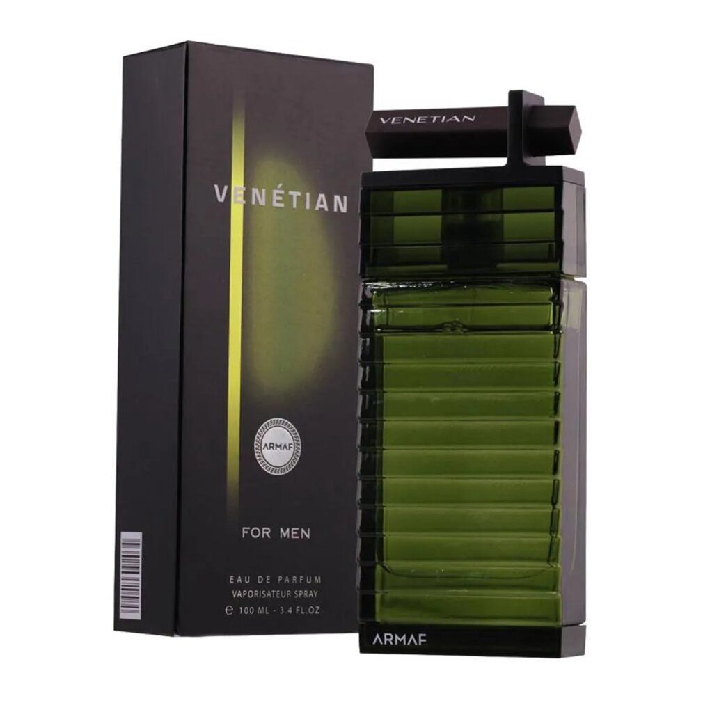 Grüne Glasflasche mit schwarzer Verpackung. Aufschrift 'Venetian' und 'Armaf'. Eau de Parfum Spray.