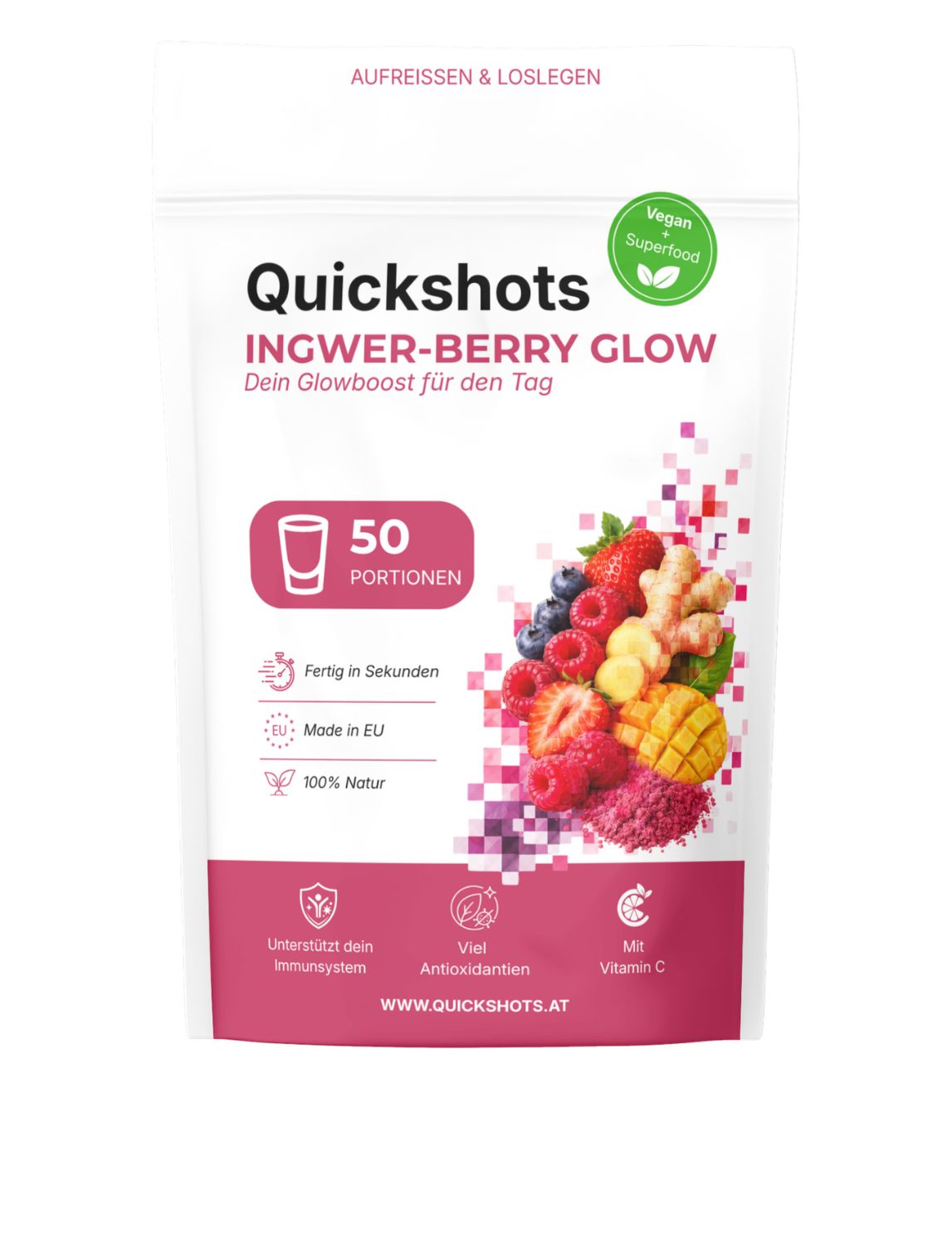 Quickshots Ingwer-Berry Glow Pulverbeutel mit Beeren und Ingwer-Abbildung, 50 Portionen.