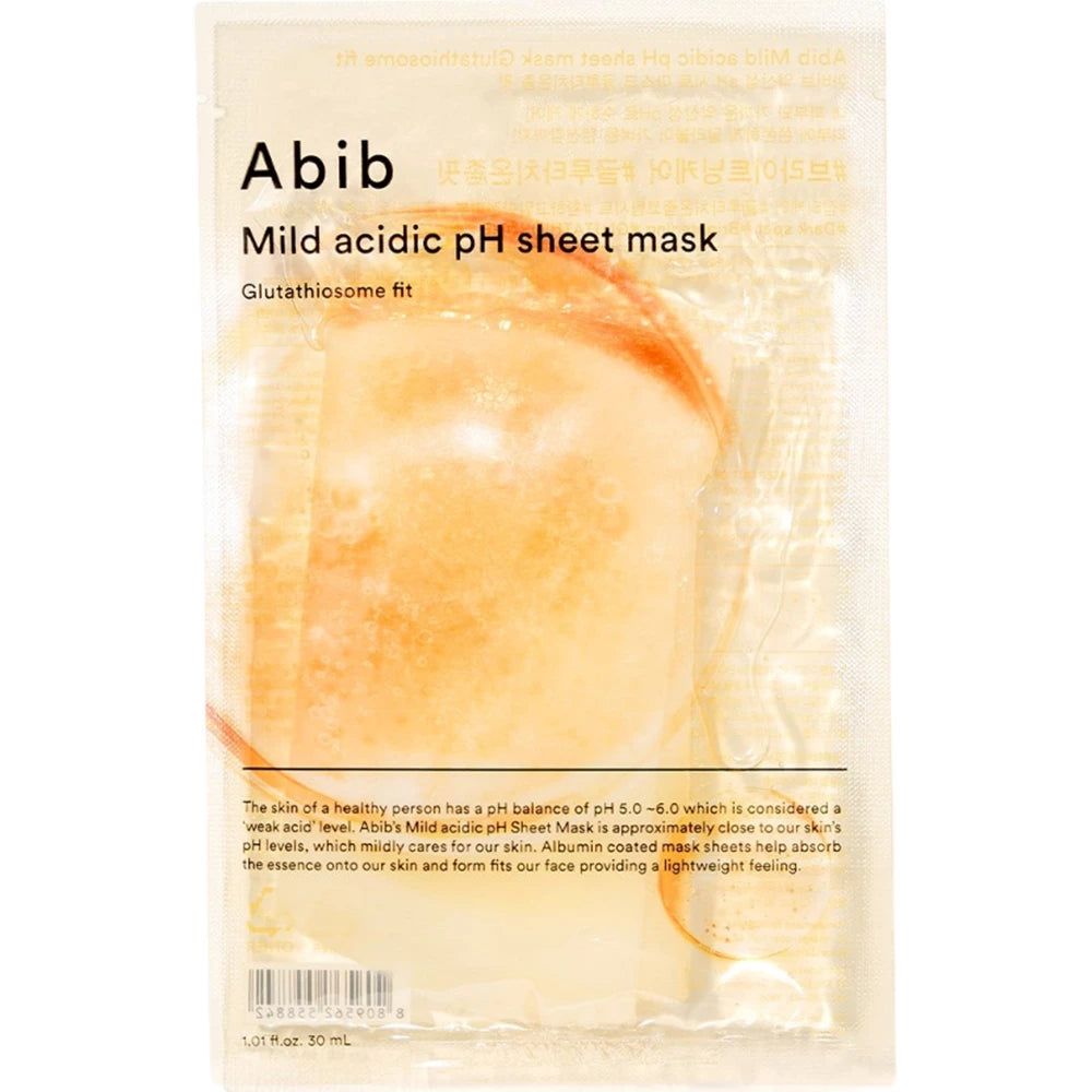 Verpackung der ABIB Mild Säure pH Tuchmaske. Aufschrift: Abib, Mild acidic pH sheet mask, Glutathiosome fit. Produktbeschreibung.