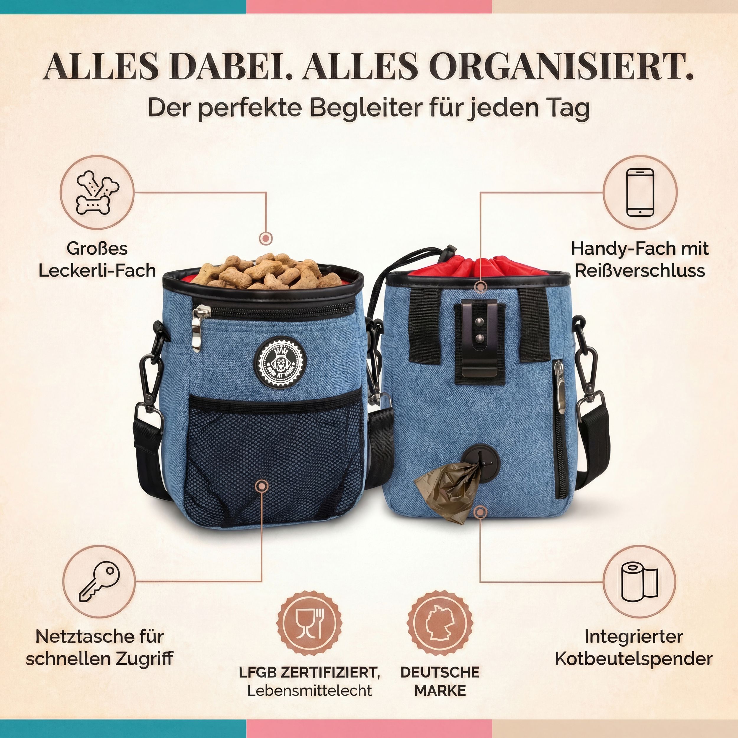 Blauer Leckerlibeutel mit Netztasche, Handyfach, Kotbeutelspender und LFGB-Zertifizierung. Deutsche Marke.