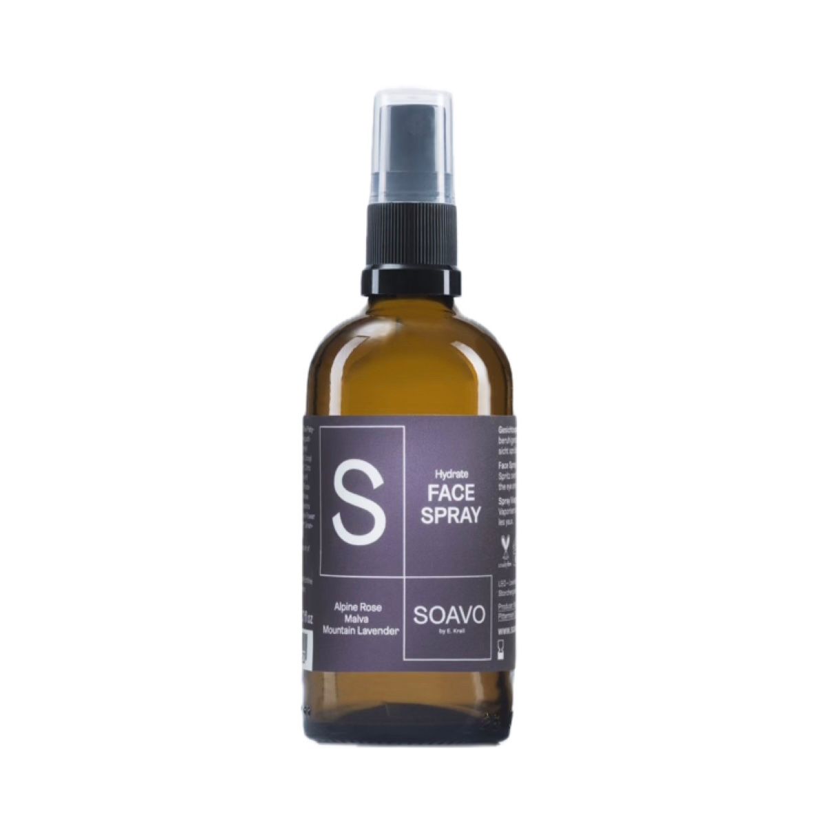 Braune Glasflasche mit Zerstäuber. Etikett mit Text: Hydrate FACE SPRAY, SOAVO. Enthält Alpine Rose, Malve, Mountain Lavender.