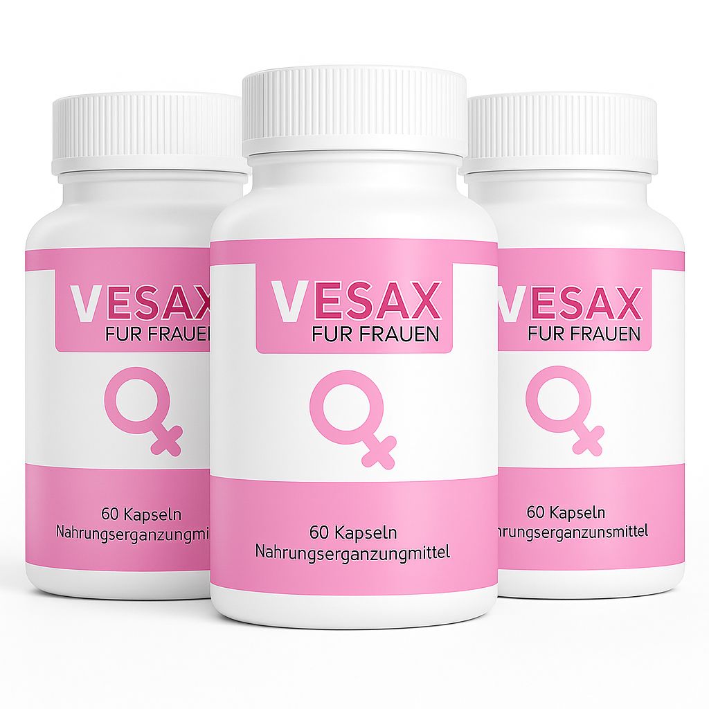 Drei weiße Flaschen mit rosa Etiketten. Aufschrift: Vesax für Frauen. Darunter ein weibliches Symbol und der Text: 60 Kapseln.
