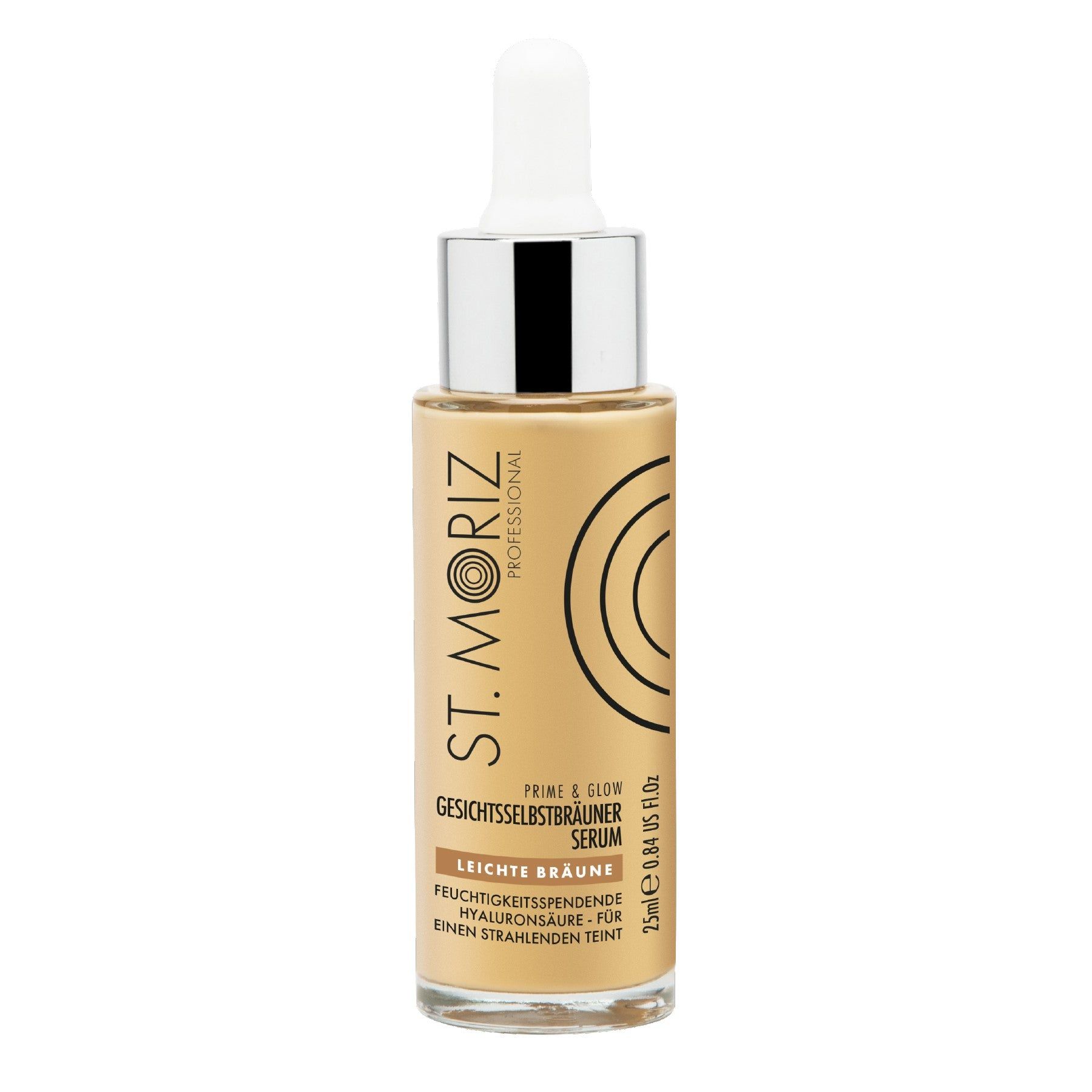 Serumflasche mit Pipette. Aufschrift: St. Moriz Professional, Gesichtsselbstbräuner Serum, Leichte Bräune. 25ml.