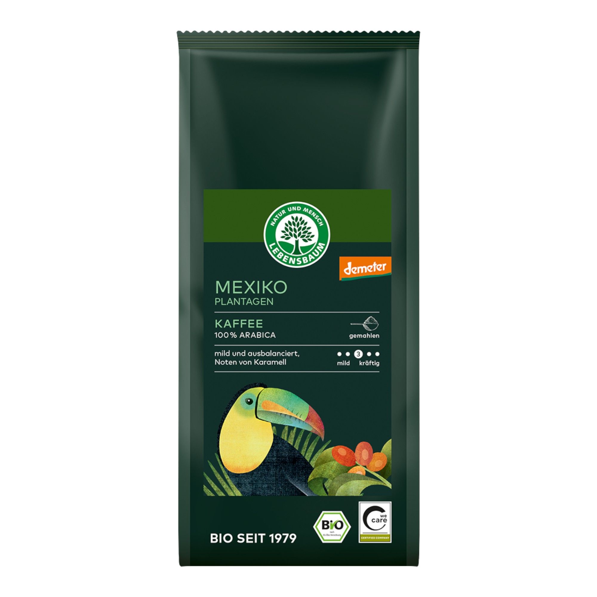 Dunkelgrüne Packung Kaffee 'Mexiko Plantagen' von Lebensbaum, 100% Arabica, Demeter-zertifiziert.