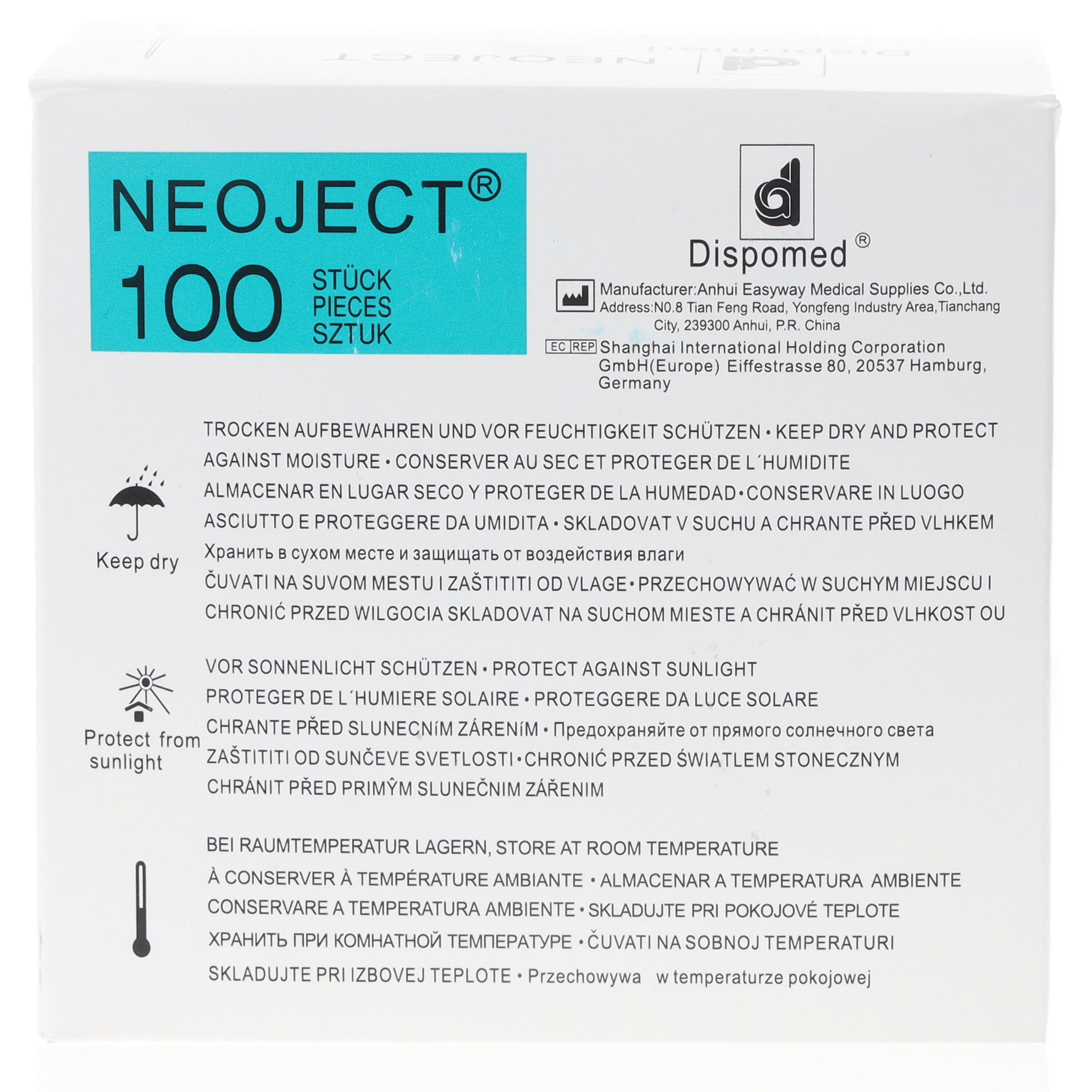 Verpackung mit 100 NEOJECT® Kanülen. Trocken lagern, vor Sonnenlicht schützen.