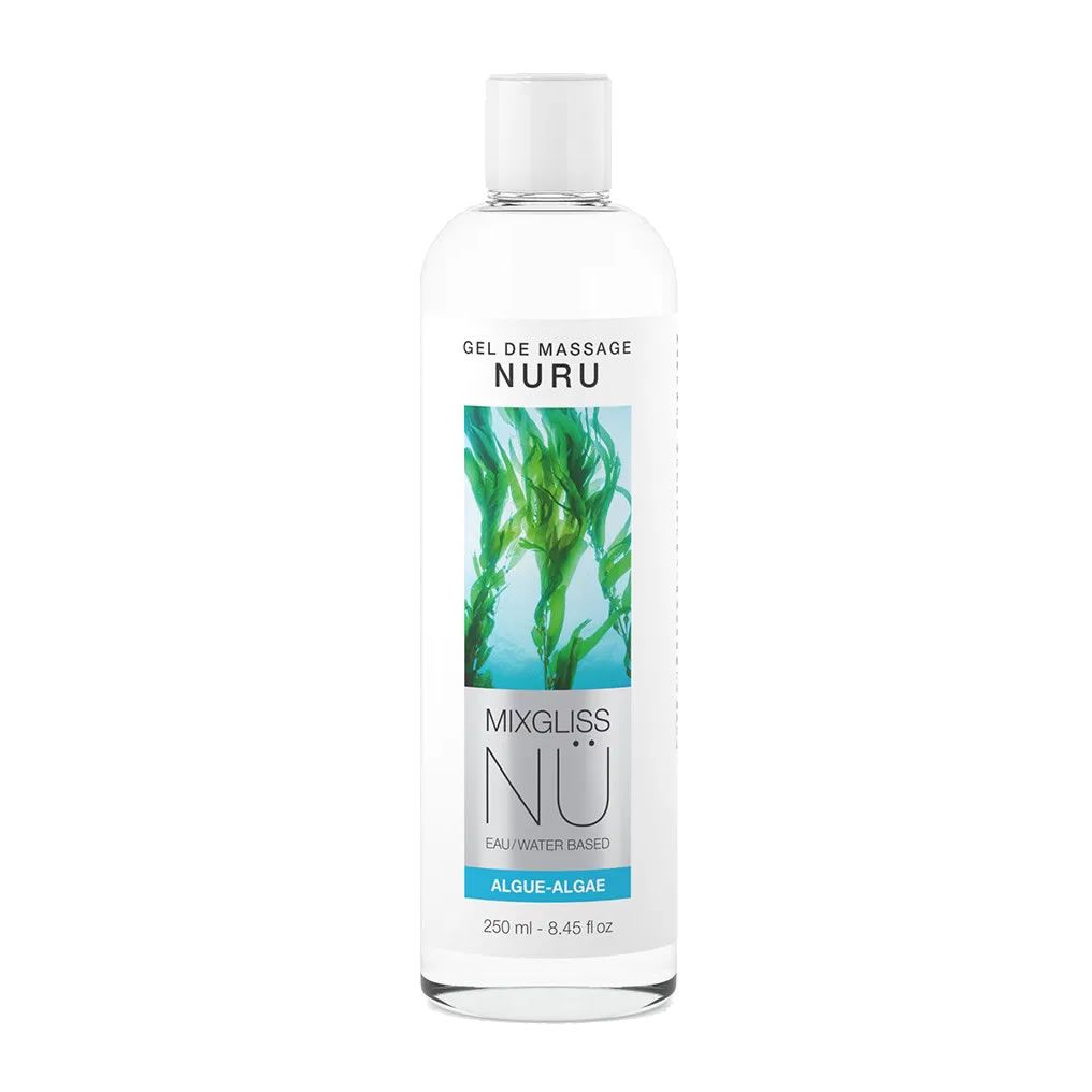 Transparente Flasche mit weißem Deckel. Aufschrift: Gel de massage NURU, MIXGLISS NÜ, Algue-Algae. Abbildung von Algen.