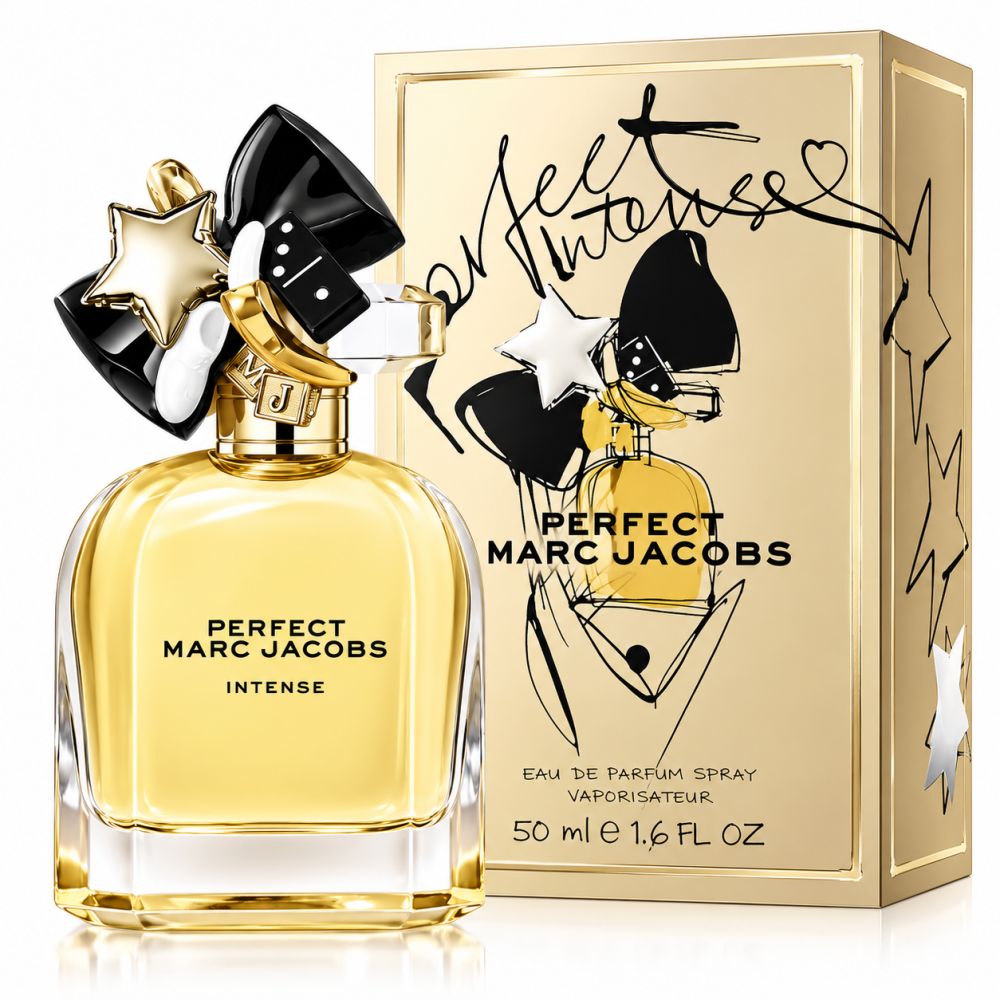 Marc Jacobs Perfect Intense Eau de Parfum Flakon und Verpackung mit Sternen- und Schleifendesign.