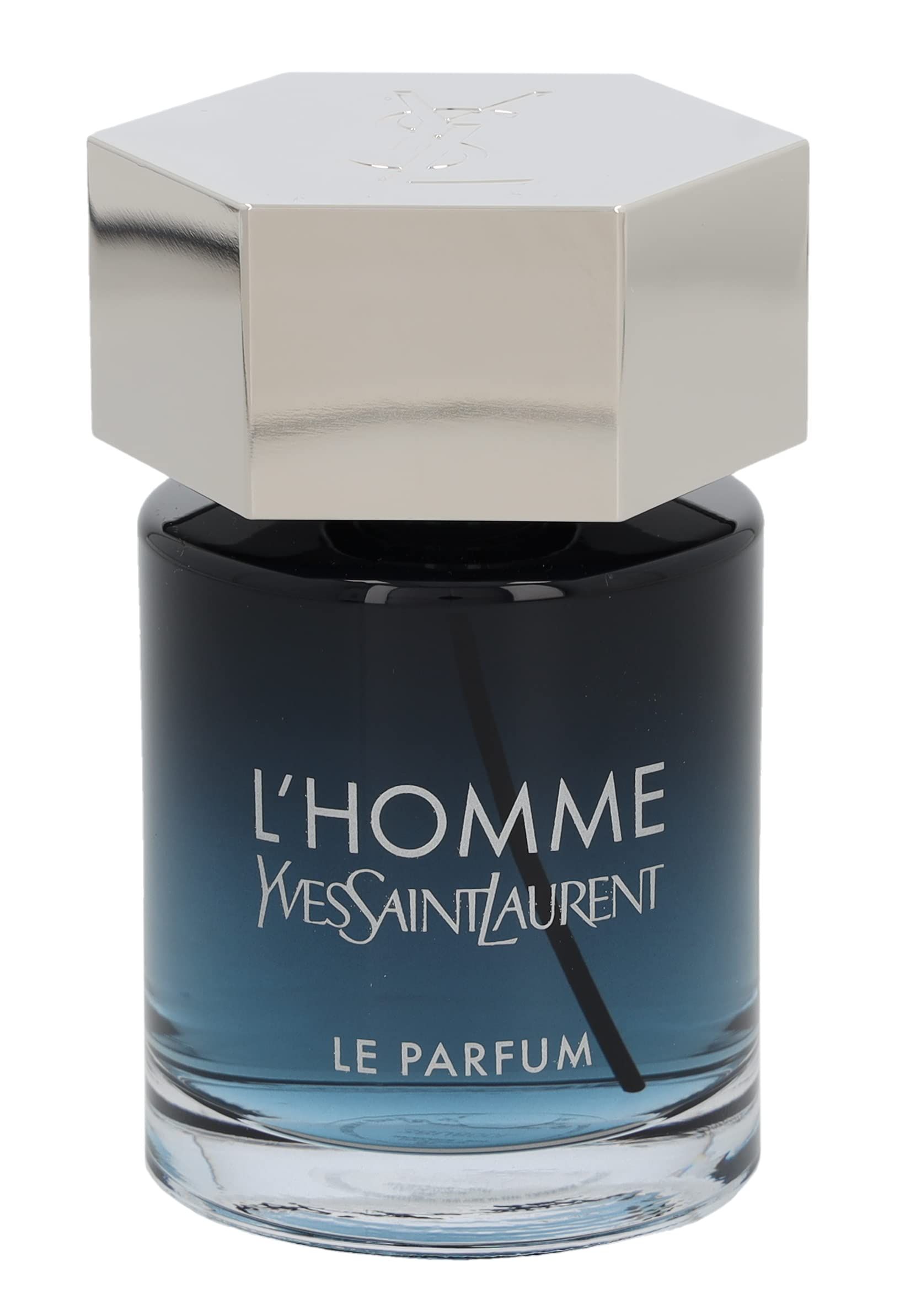 Runder Flakon mit silbernem Deckel. Aufschrift: L'HOMME, Yves Saint Laurent, LE PARFUM. Farbverlauf von blau nach transparent.