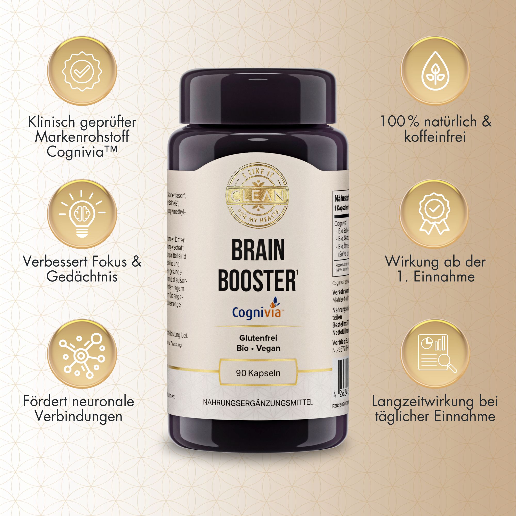 Braunglas-Flasche mit Kapseln. Aufschrift: Brain Booster, Cognivia. 90 Kapseln. Zusätzliche Symbole und Text.