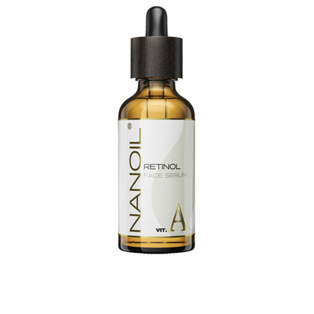 Braune Glasflasche mit schwarzer Pipette. Aufschrift: Nanoil, Retinol Face Serum, Vit. A.