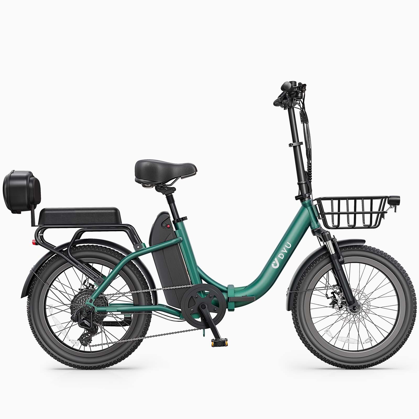Grünes DYU C9 Elektrofahrrad. Schwarzer Korb vorne, Gepäckträger hinten. Schwarze Batterie.