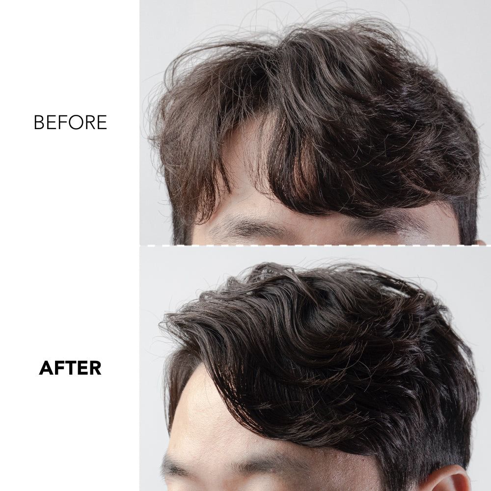 Vorher-Nachher-Vergleich von lockigem Haar. Oben: ungeformtes Haar. Unten: gestyltes Haar.
