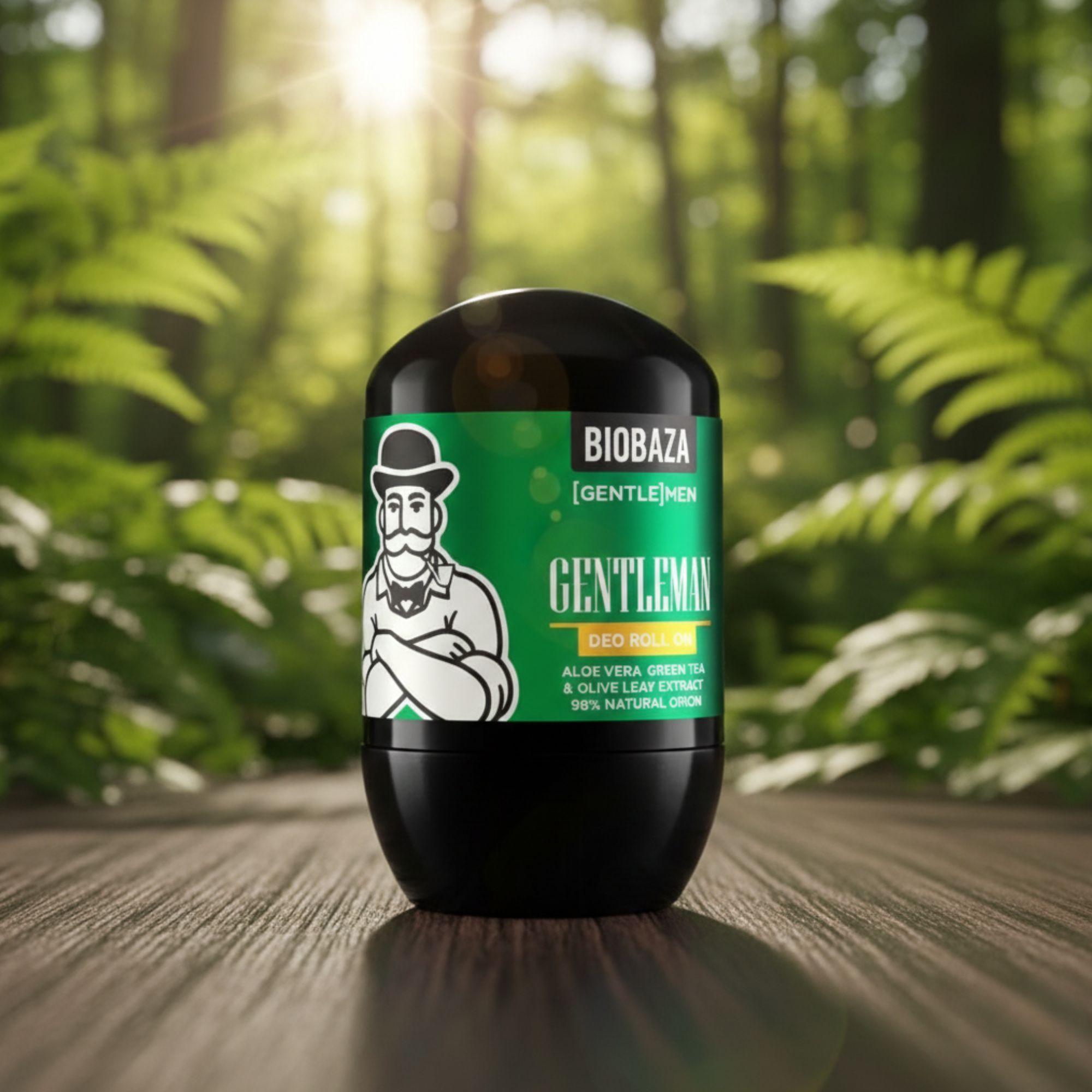 Schwarzer Deo Roll-On mit grüner Beschriftung. Aufschrift: Biobaza, Gentleman, Deo Roll-On. Abgebildet ist ein Mann mit Hut.
