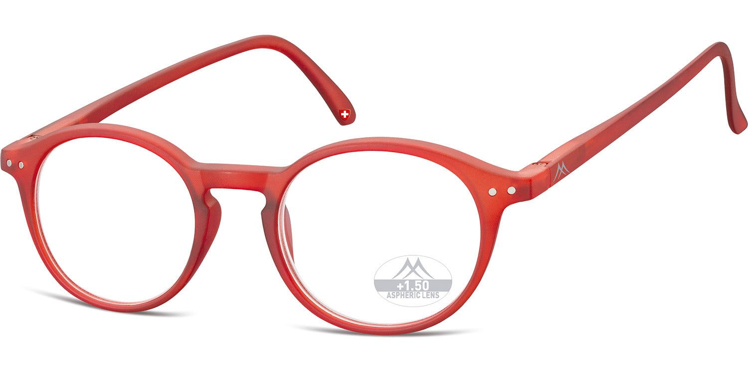 Rote Brille mit runden Gläsern. Auf dem Glas ist ein Logo. Bügel mit Stern und Logo.