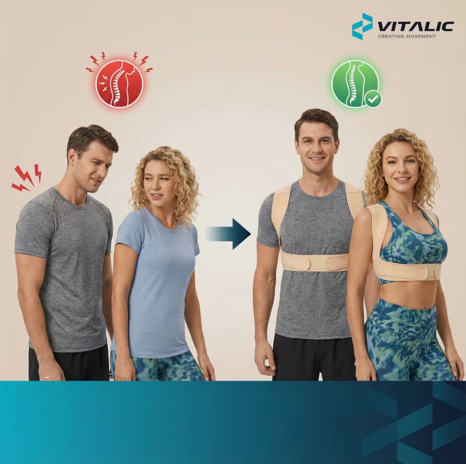 Vergleich: Schlechte Haltung zu korrekter Haltung. Haltungskorrektor. Beige. VITALIC Logo. Symbole.