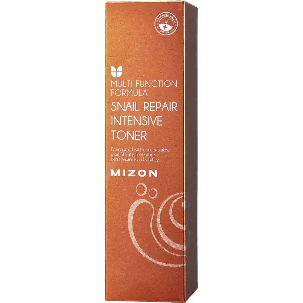 Orangefarbene Verpackung mit Aufschrift: MIZON Snail Repair Intensive Toner. Mit Logo und Text.