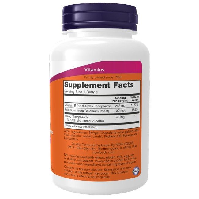Rückseite der Now Foods E-400 Kapseln mit Selen. Supplement Fakten und Inhaltsstoffe.