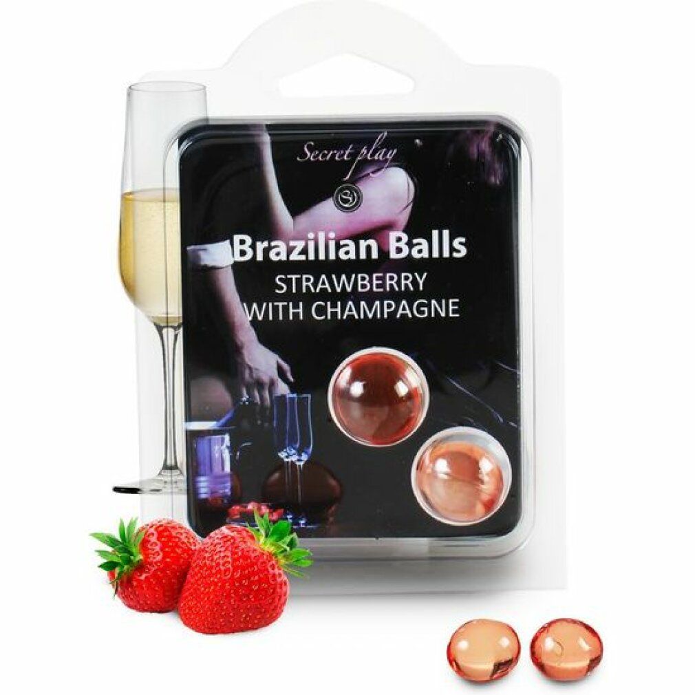 Secret Play Brazilian Balls Erdbeere mit Champagner in Blisterverpackung, mit Erdbeeren und Sektglas.