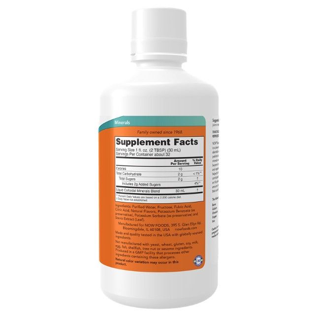 Weiße Flasche mit orangefarbenem Etikett. Text: Supplement Facts, Now Foods, Kolloidale Mineralien. Rückseite mit Nährwertangaben.
