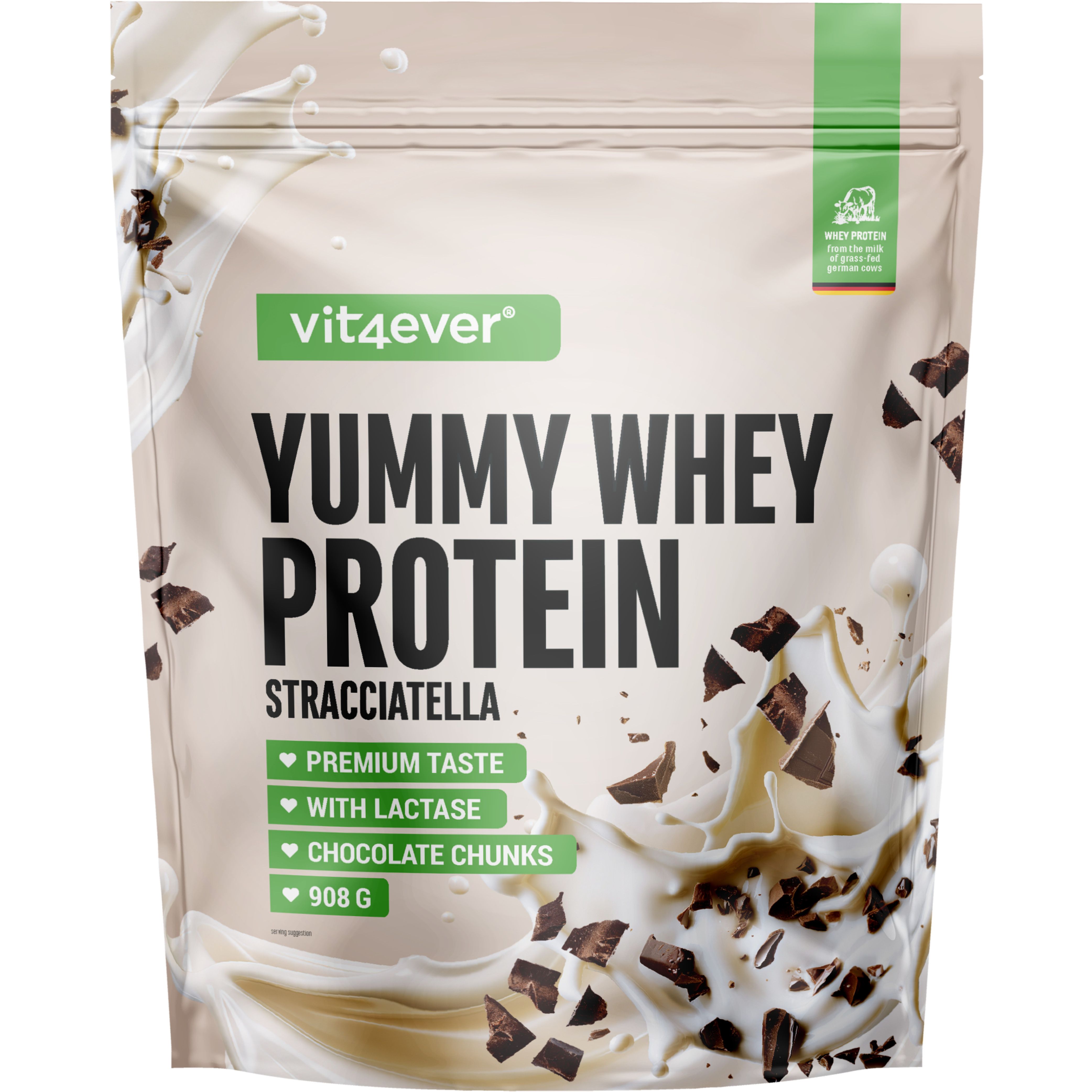 Beutel mit Yummy Whey Protein, Stracciatella-Geschmack. Enthält Schokostückchen, 908g. Mit Premium Taste und Lactase.