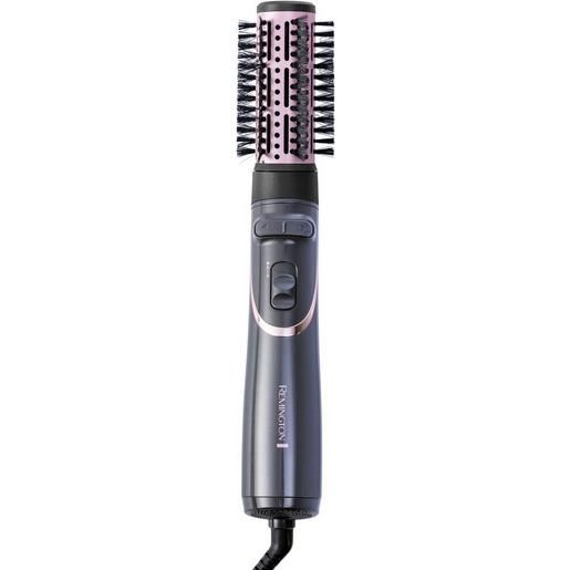 Haarstyler mit Rundbürstenaufsatz. Grau-rosafarbenes Gerät mit Knöpfen und Kabel. Remington-Logo.