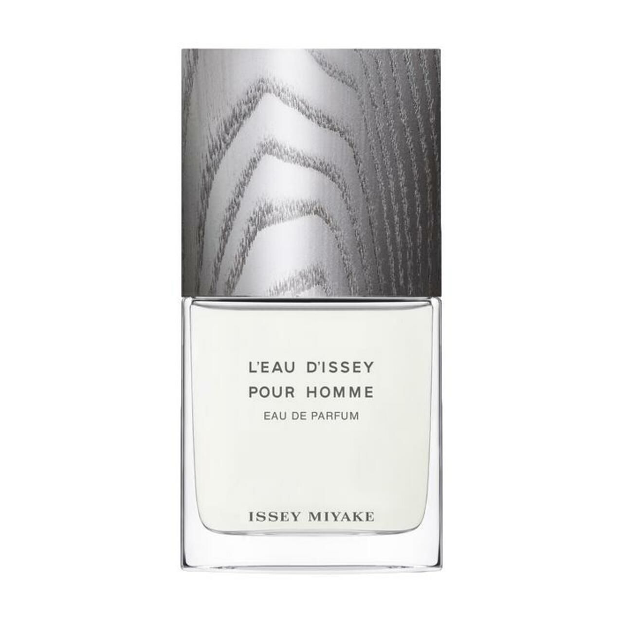 Rechteckiger Flakon mit Holzdeckel. Text: L'Eau d'Issey pour Homme Eau de Parfum, Issey Miyake.