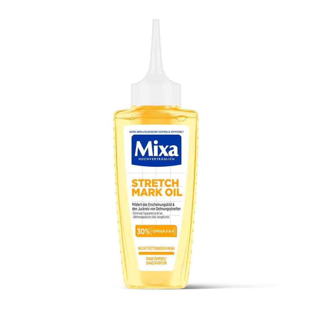 Gelbliche Flasche mit weißem Applikator. Aufschrift Mixa Stretch Mark Oil. Enthält 30% Omega 6 & 9. Nicht fettendes Finish.