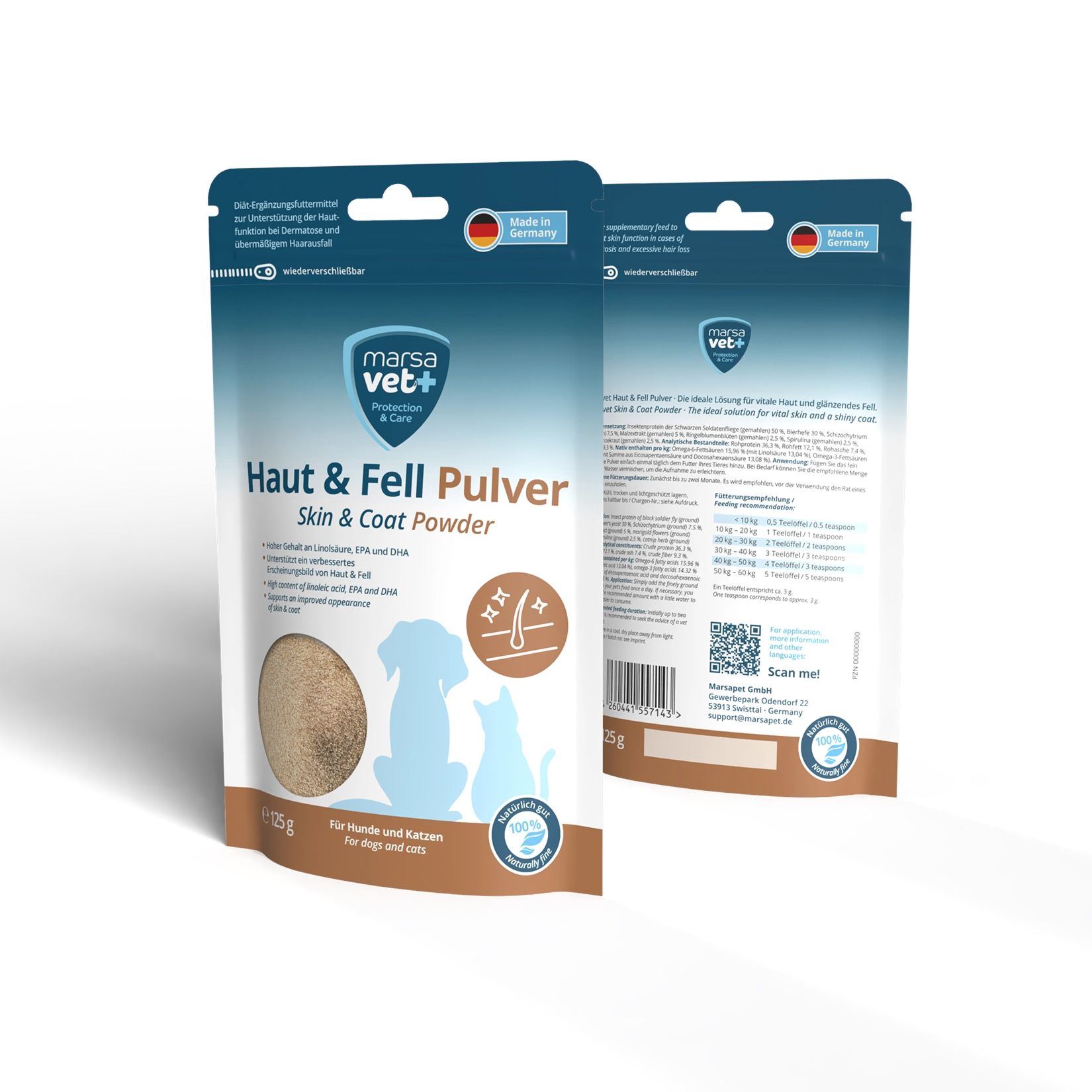 Zwei Beutel Marsa Vet+ Haut & Fell Pulver. Vorder- und Rückseite sichtbar. Produktname, Illustrationen, Text und QR-Code.