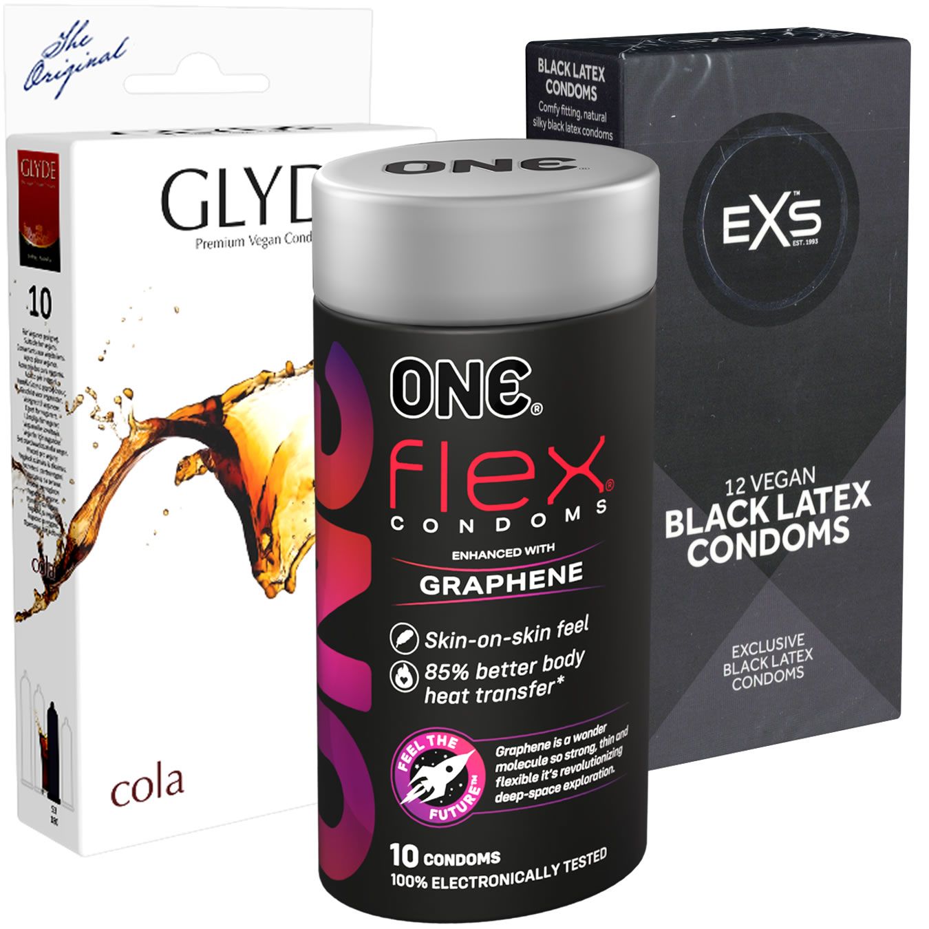 Drei Kondom-Verpackungen. Links: Glyde, 10 Stück. Mitte: One Flex, mit Graphen. Rechts: ExS, 12 vegane Black Latex Kondome.