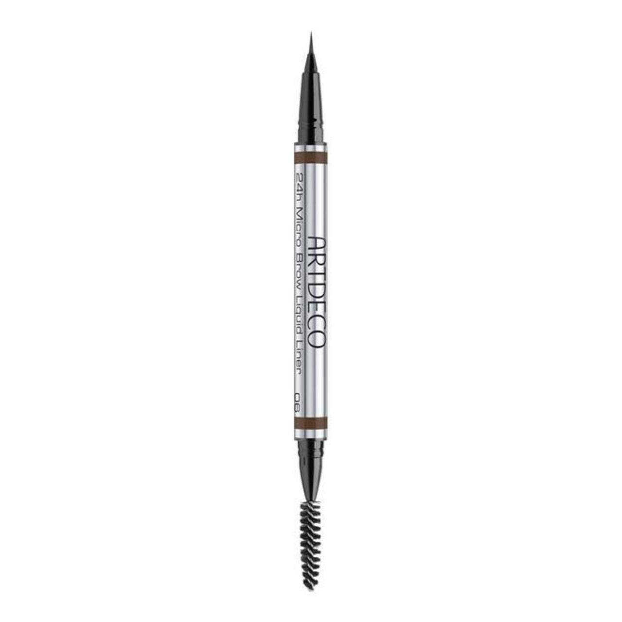 Doppelstift. Artdeco 24h Micro Brow Liquid Liner. Spitze, Bürste und Stift in Silber. Braune Mine. Schwarze Spitze. Mit Schriftzug.