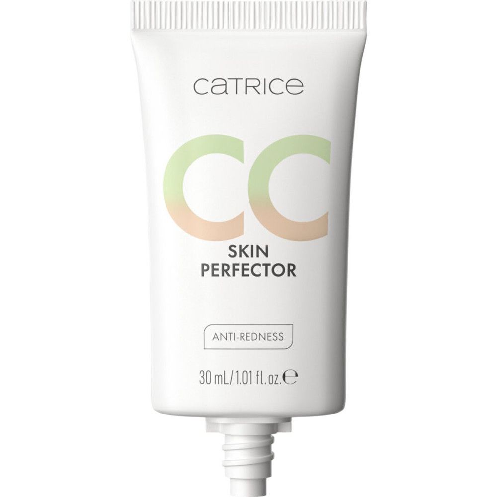 Catrice CC Skin Perfector Tube. Weißes Tube mit grünen und pfirsichfarbenen Buchstaben. Text: Anti-Rötung, 30 ml/1.01 fl.oz.e.