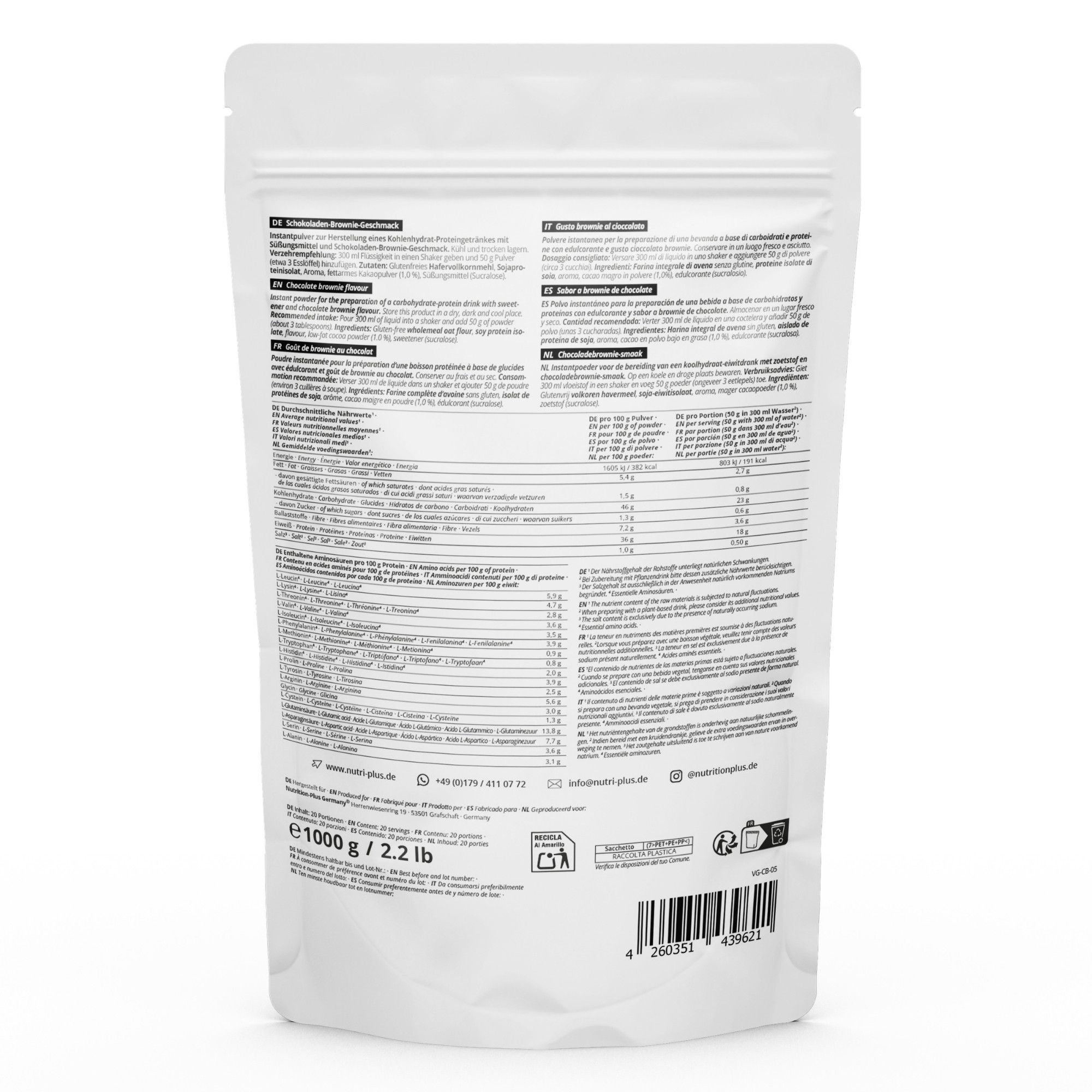 Rückseite Nutri+ Vhey Gainer Beutel mit Nährwertangaben, Zutatenliste und Zubereitungshinweisen.
