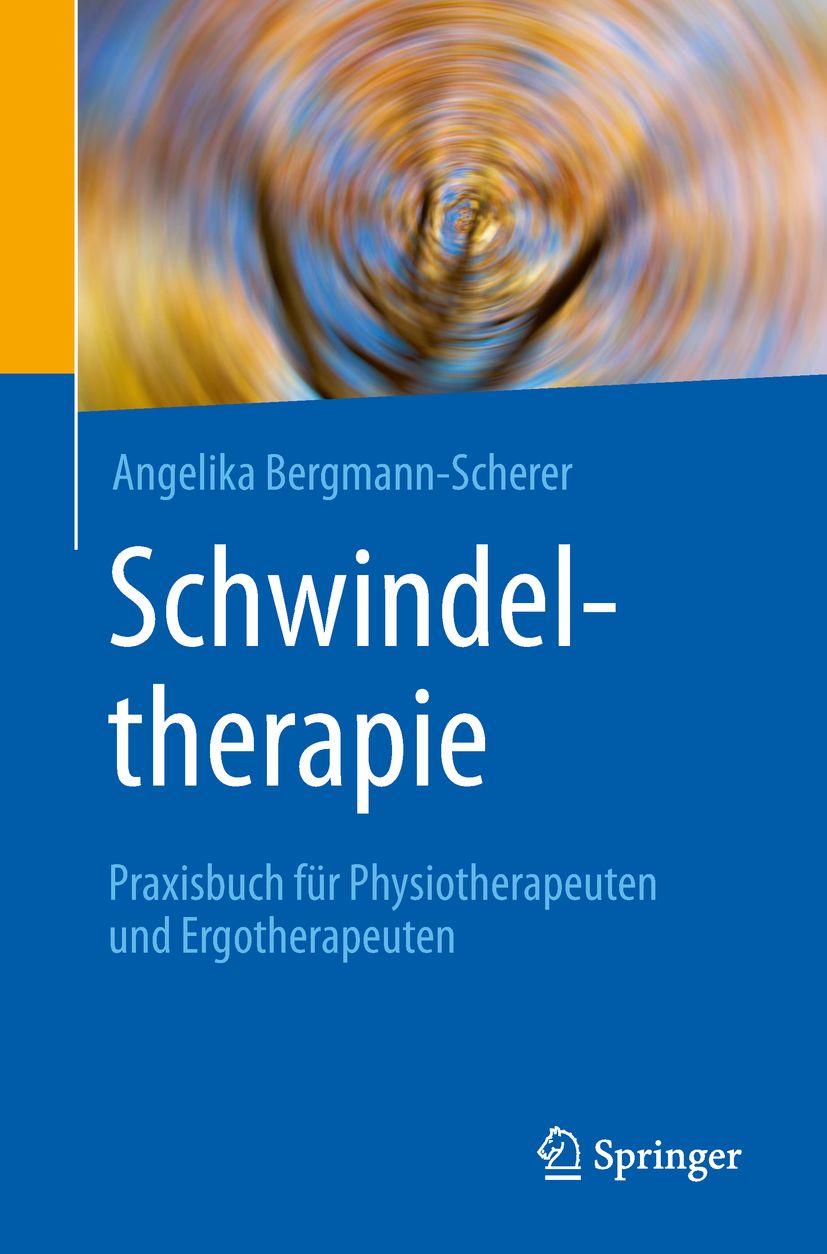 Buchcover mit Titel "Schwindeltherapie". Autorin: Angelika Bergmann-Scherer. Verlag: Springer. Blauer Hintergrund mit abstraktem Muster.