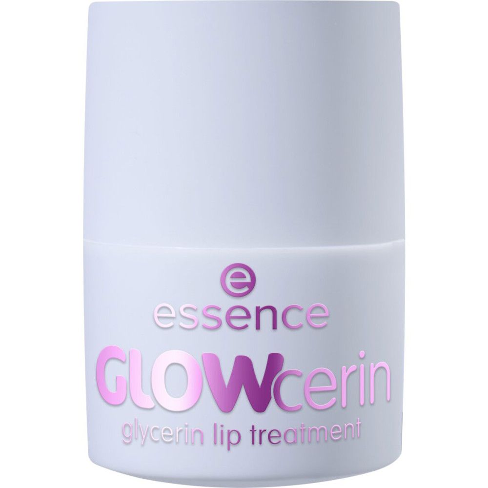 Weißer Behälter mit rosa Aufschrift: "essence GLOWcerin glycerin lip treatment".