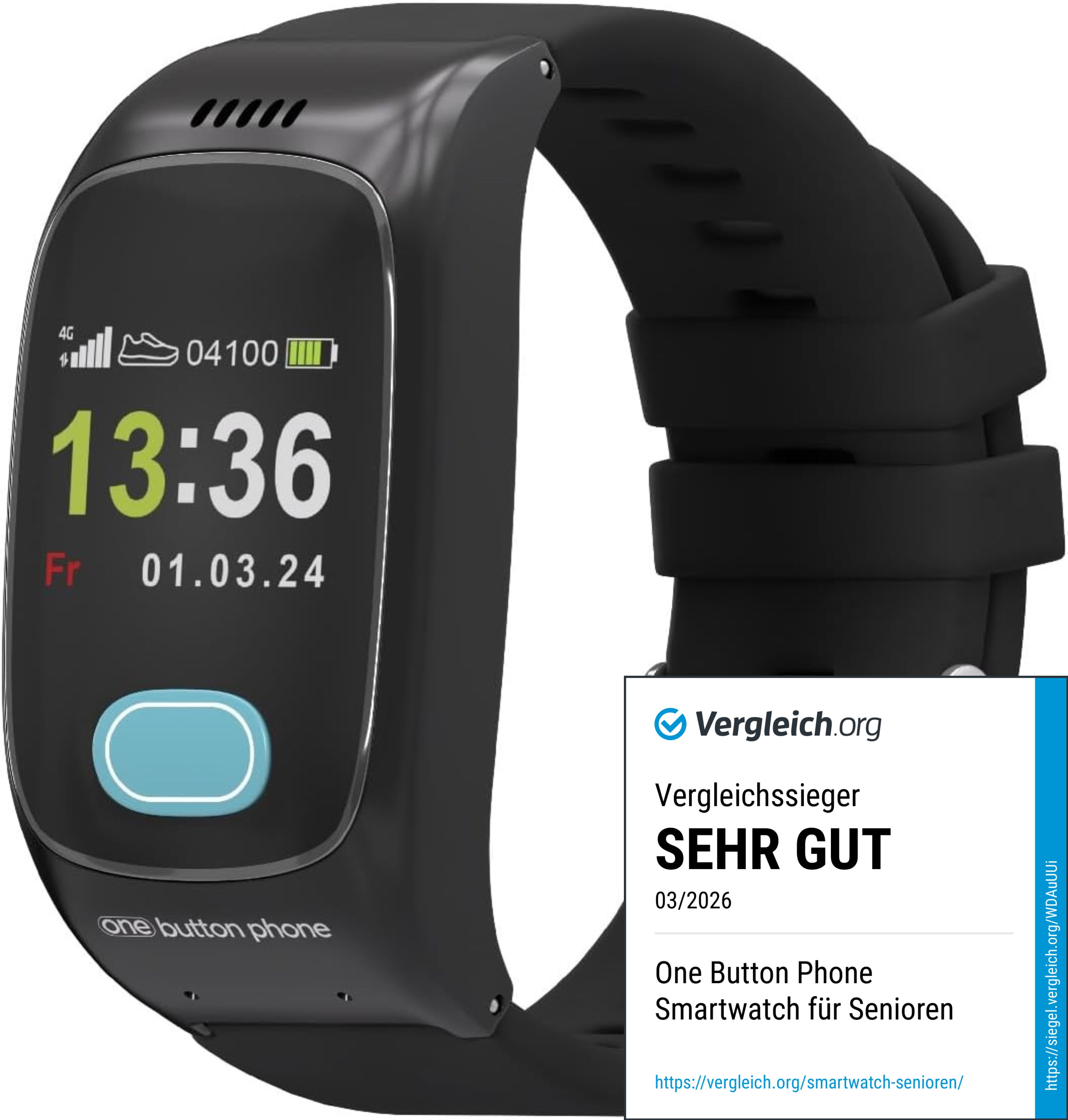 Schwarzes Armband-Telefon mit Display. Zeigt Uhrzeit, Datum und Akku. Text: Sehr gut. Zertifizierung.