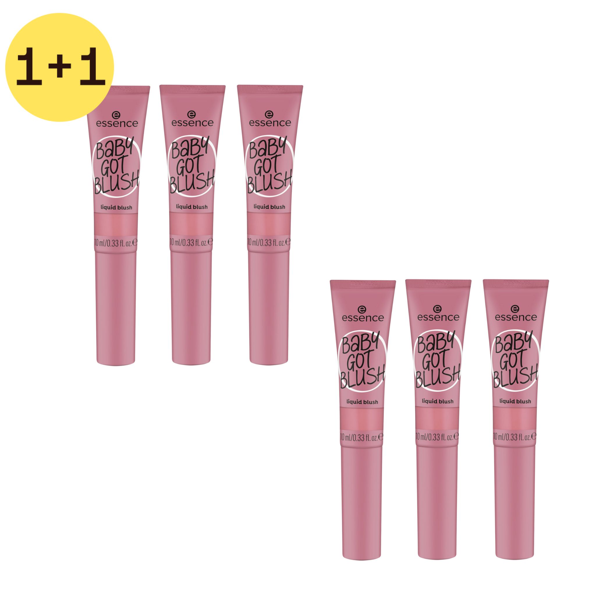 Sechs rosa Tubes mit weißem Applikator. Aufschrift: Essence BABY GOT BLUSH liquid blush. Gelber Aufkleber: 1+1.