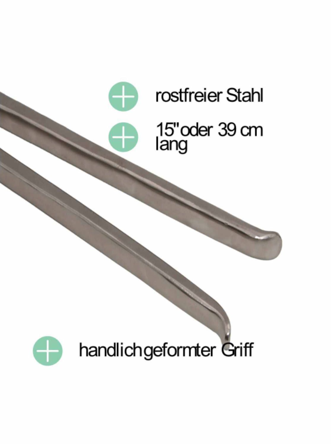 Detailansicht der Zange. Rostfreier Stahl. 39 cm lang. Handlich geformter Griff.