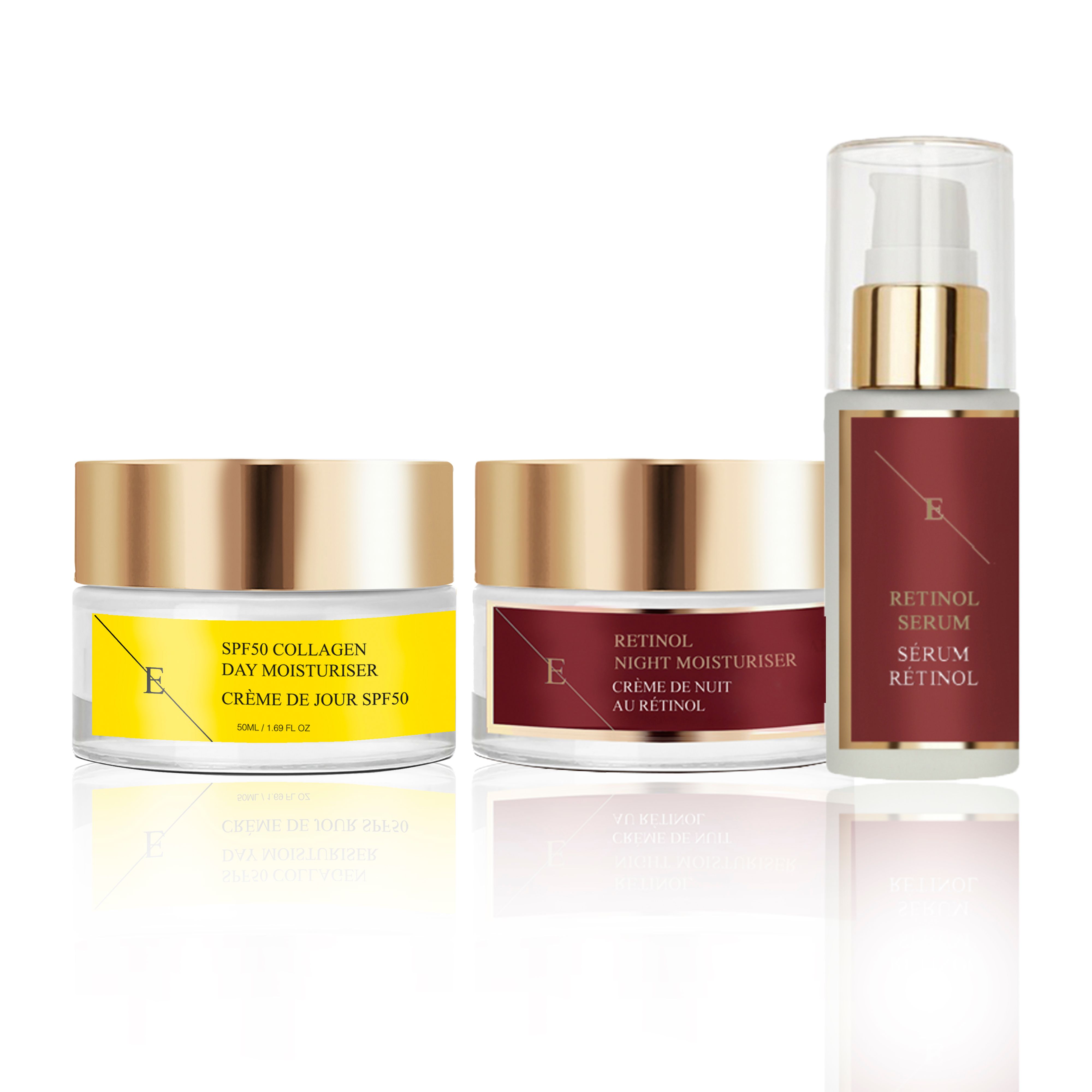 Drei Kosmetikprodukte: Tagescreme, Nachtcreme und Retinol-Serum. Cremetiegel mit goldenen Deckeln und Etiketten. Serumflasche mit Pumpe.