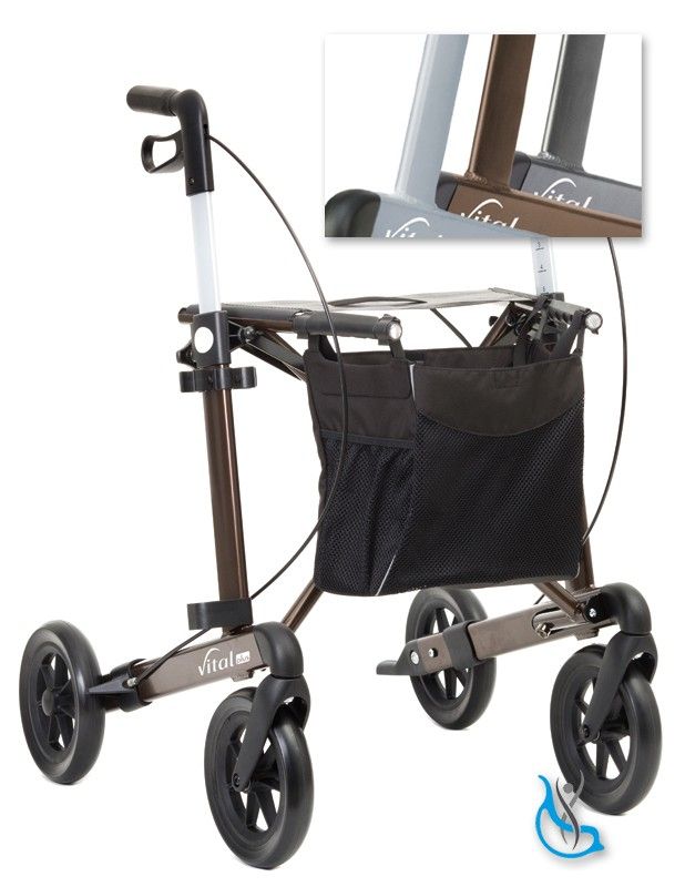 Rollator Vital plus 62 eisblau, mit schwarzer Tasche. Detailansicht des Rahmens mit Vital-Logo.