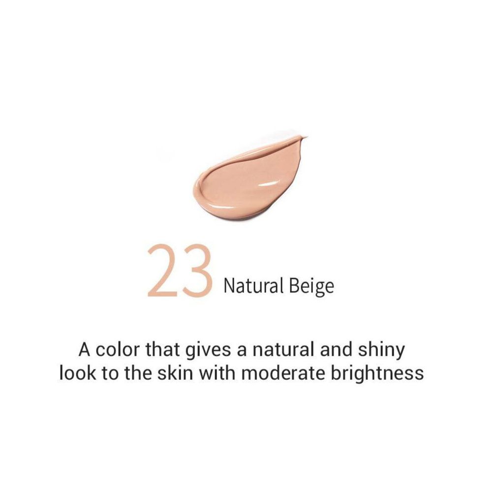Farbprobe, Farbton 23 Natural Beige. Text: Gibt der Haut einen natürlichen, glänzenden Look mit mittlerer Helligkeit.