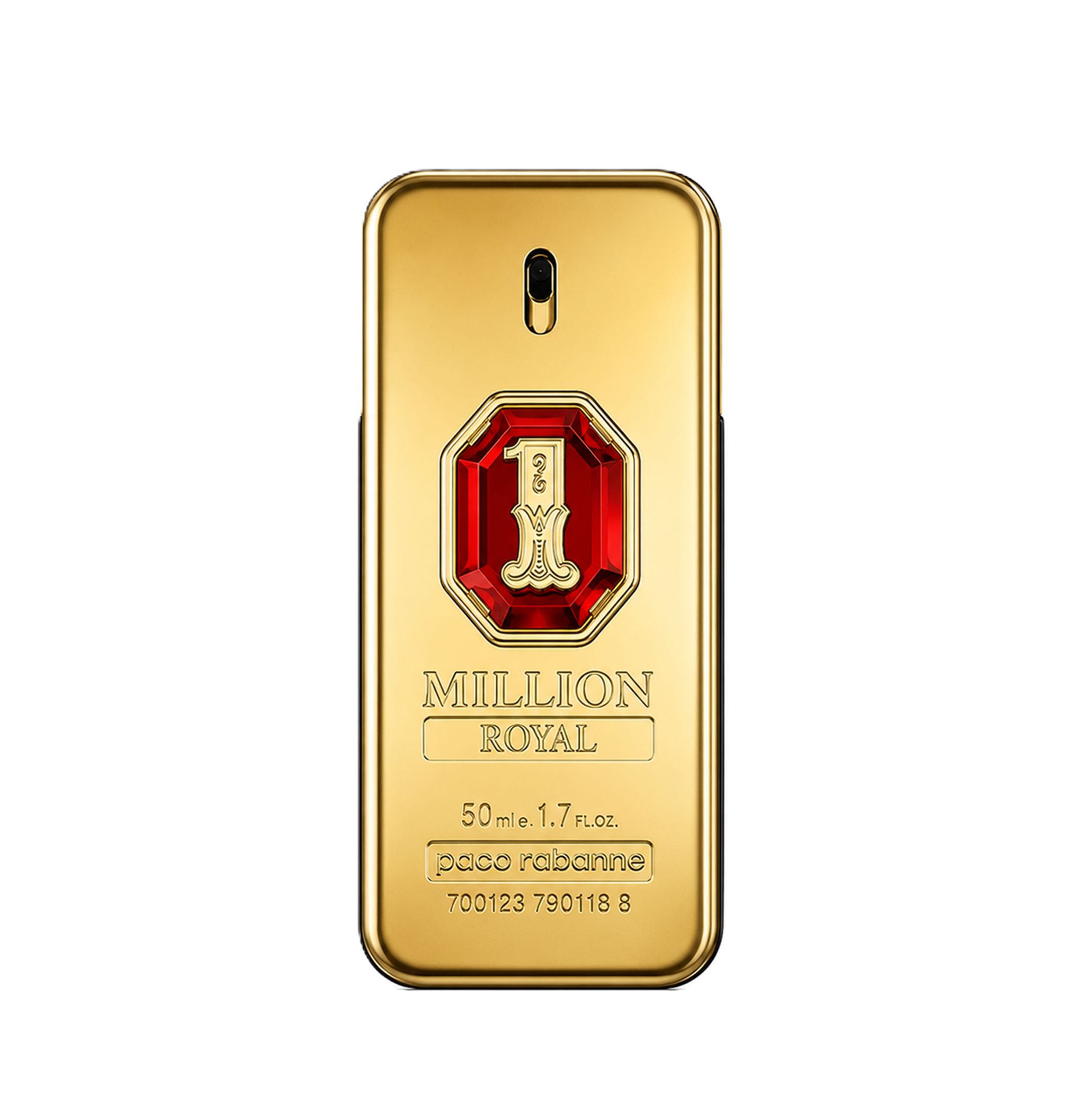 Goldener Flakon mit rotem Juwel und "1 Million Royal" Prägung. Paco Rabanne.