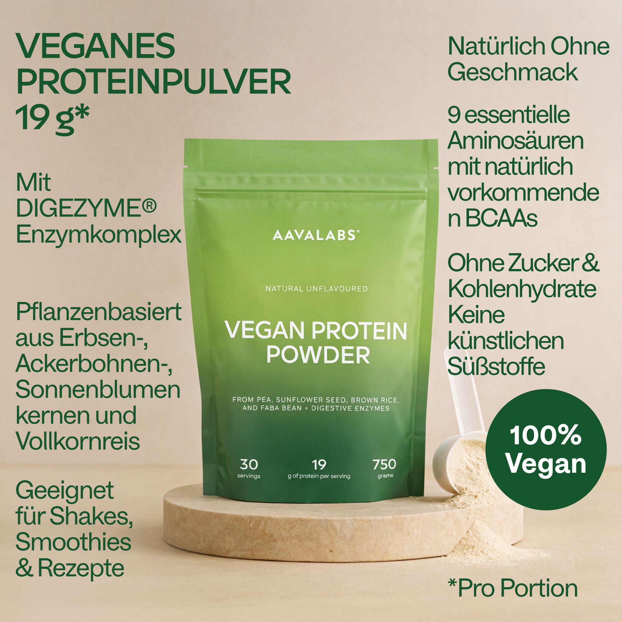 Aavalabs Vegan Protein Powder. 19g Protein, 30 Portionen. Mit Enzymen, ohne Zucker. 100% Vegan.