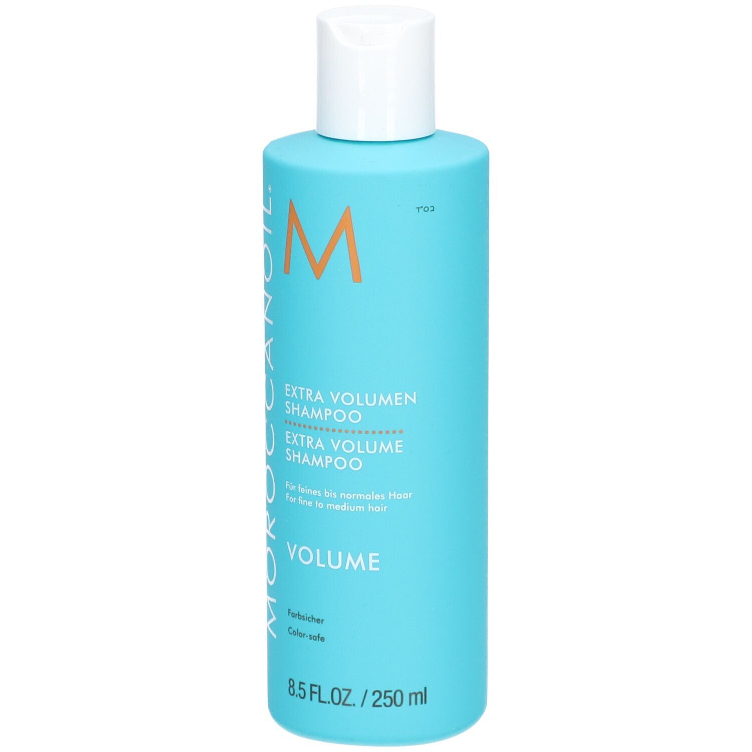 Türkise Flasche Moroccanoil Extra Volumen Shampoo mit weißem Verschluss. 250 ml.
