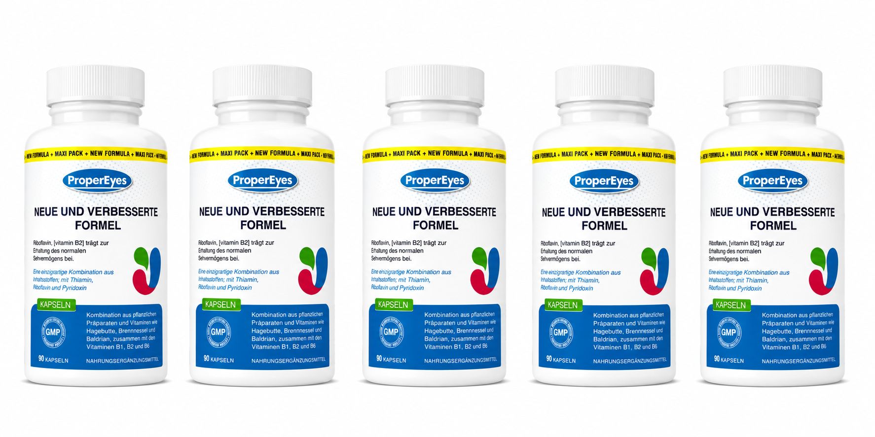 Fünf weiße Flaschen mit gelbem Etikett, das "PropriEyes NEUE UND VERBESSERTE FORMEL" zeigt.