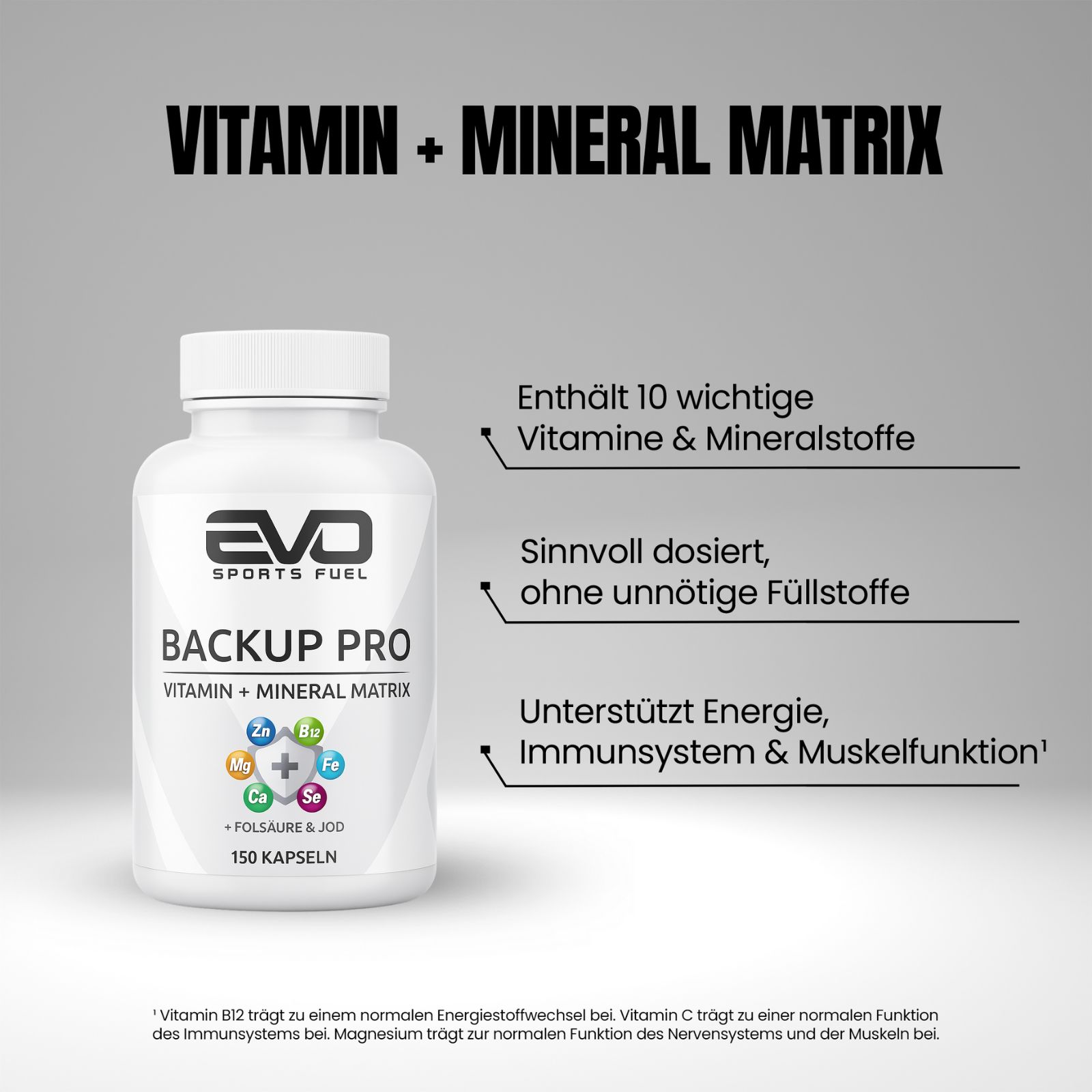 EVO BACKUP PRO Kapseln: Flasche, Text über Vitamine, Mineralstoffe, Energie, Immunsystem und Muskelfunktion.