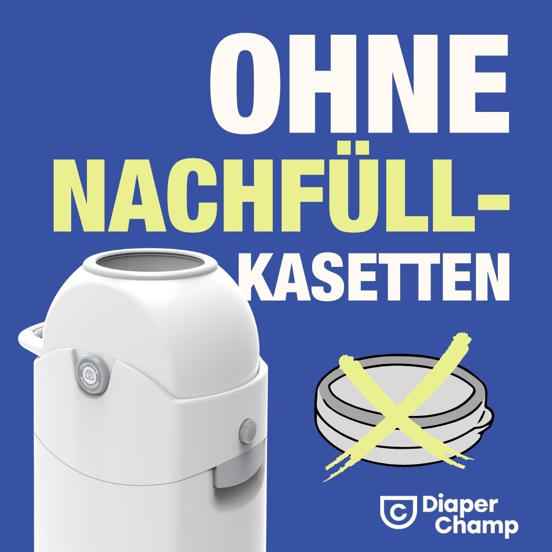 Weißer Windeleimer mit Deckel. Text: OHNE NACHFÜLL-KASSETTEN. Logo Diaper Champ. Gezeigt wird ein durchgestrichenes Nachfüllkassetten-Symbol.