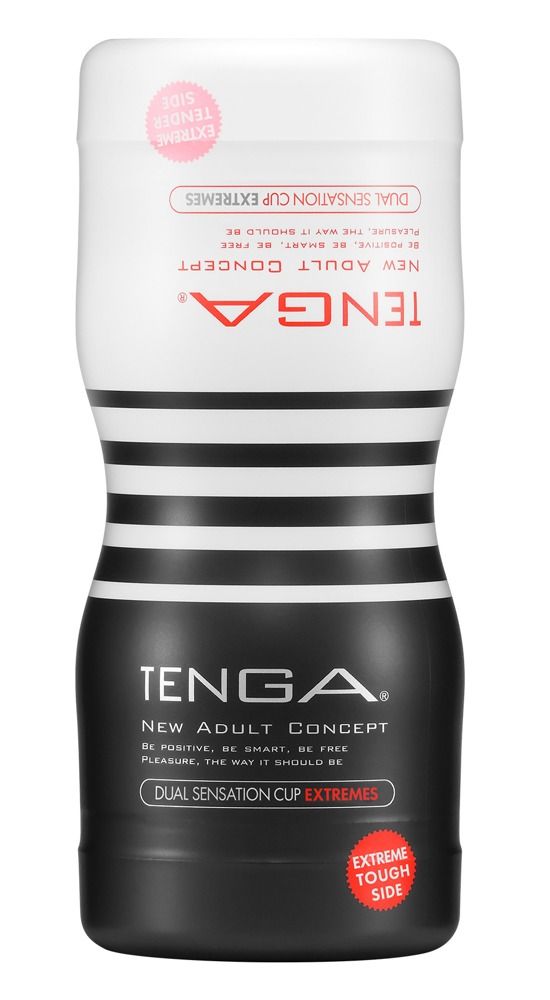 Wellness-Produkt, schwarz-weiß. Text: TENGA NEW ADULT CONCEPT, DUAL SENSATION CUP EXTREMES. Rote und weiße Akzente.