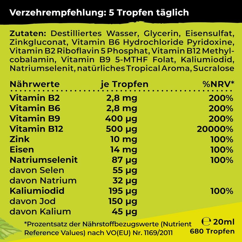 Text mit Nährwertangaben pro Tropfen. Inhaltsstoffe: Wasser, Glycerin, Eisen, Zink, Vitamin B6, B2, B12, B9, Jod, Kalium, Natrium.