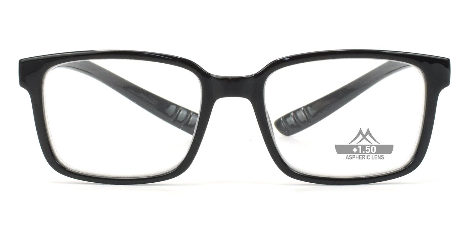 Schwarze Brille mit rechteckigen Gläsern. Auf dem rechten Glas steht "+1.50 ASPHERIC LENS".