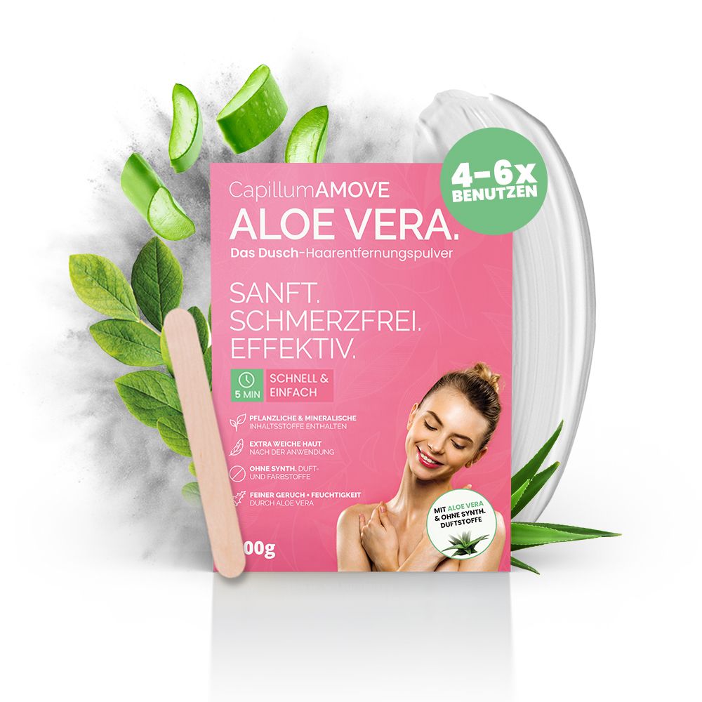 Produktverpackung. CapillumAMOVE Aloe Vera. Das Dusch-Haarentfernungspulver. Inhaltsstoffe, Spatel, 100g. 4-6 Anwendungen.